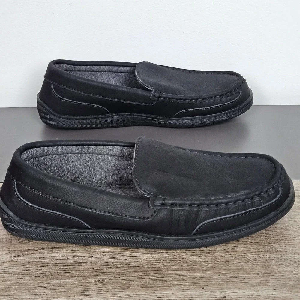 My Slippers Mens 9 Black Leather Moccasin Slippers Slip On House Shoes 74458-03